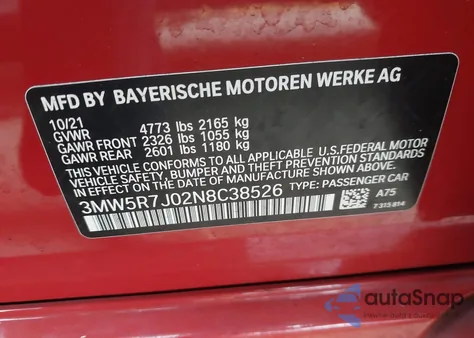 2022 BMW 330I xDrive z USA, uszkodzony, nr VIN 3MW5R7J02N8C38526